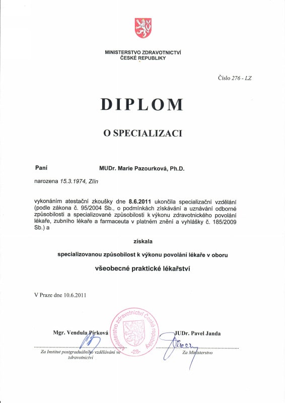 MUDr. Marie Kadlecová - diplom všeobecné praktické lékařství
