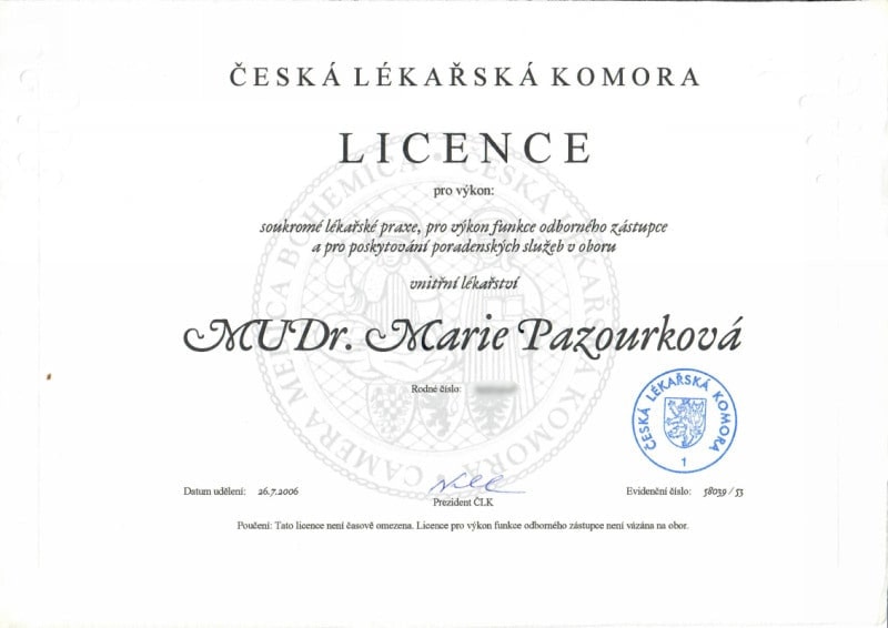 MUDr. Marie Kadlecová - licence vnitřní lékařství