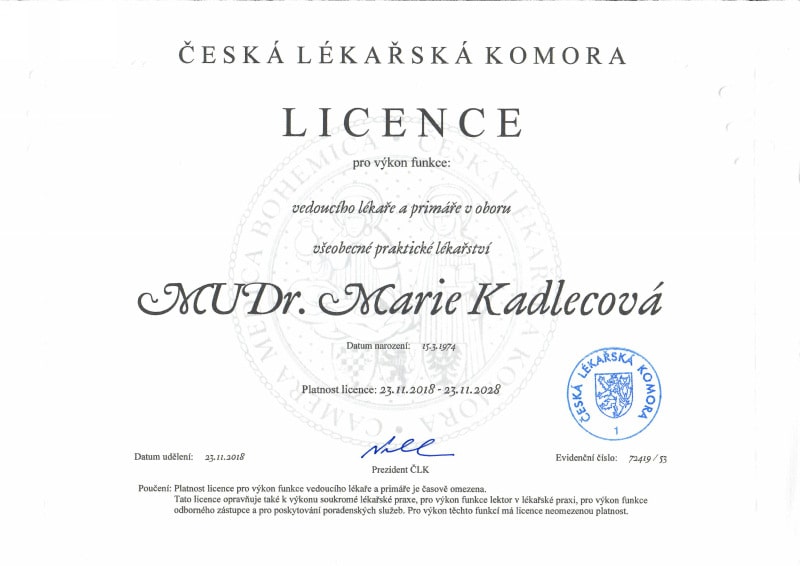 MUDr. Marie Kadlecová, Ph.D. - licence primáře všeobecného a praktického lékařství